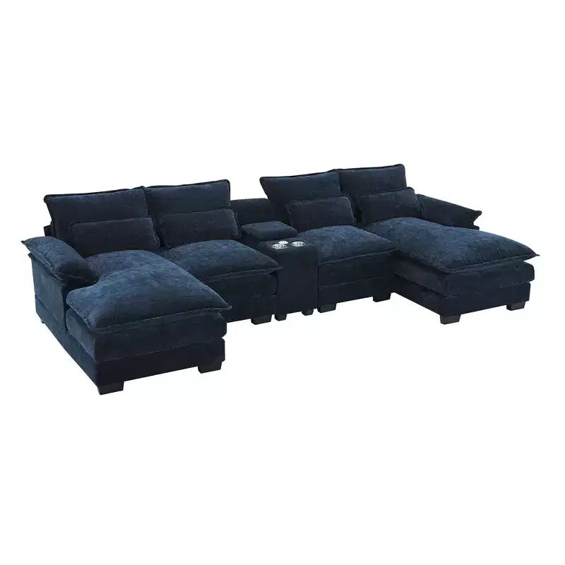 Canapé d'angle moderne en U de 123 po – 6 places avec console, porte-gobelets et ports USB