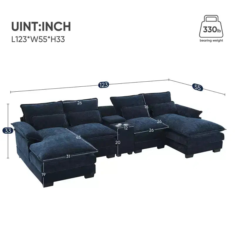 Canapé d'angle moderne en U de 123 po – 6 places avec console, porte-gobelets et ports USB