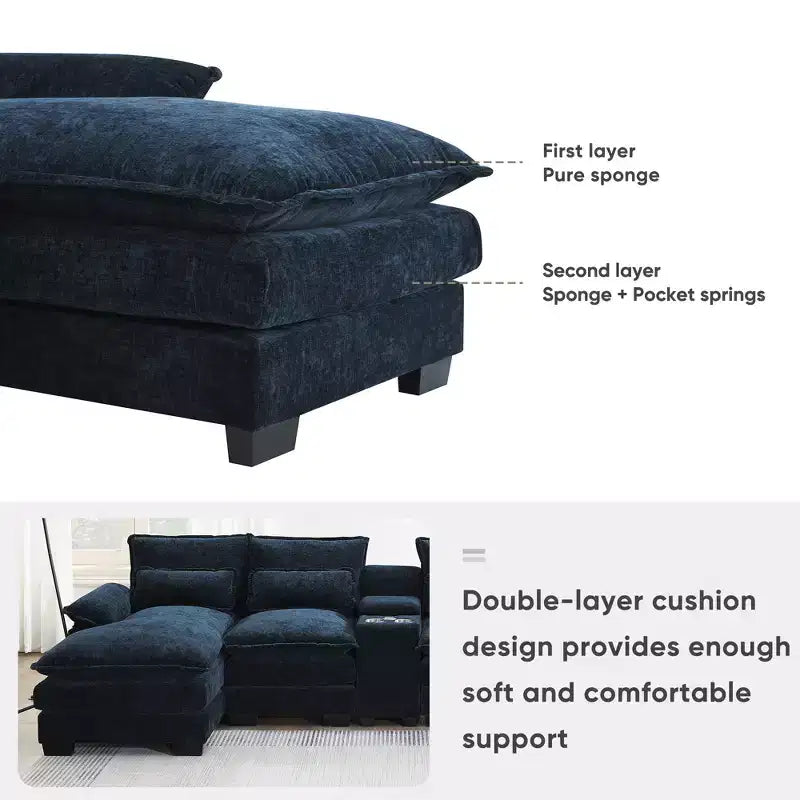 Canapé d'angle moderne en U de 123 po – 6 places avec console, porte-gobelets et ports USB