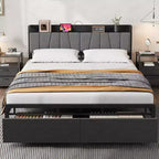 Whizmax Queen Size Bed Frame with Upholstered Headboard, Industrial Queen Platform Bed with 2 Storage Drawer and Charging Station No Box Spring Needed
