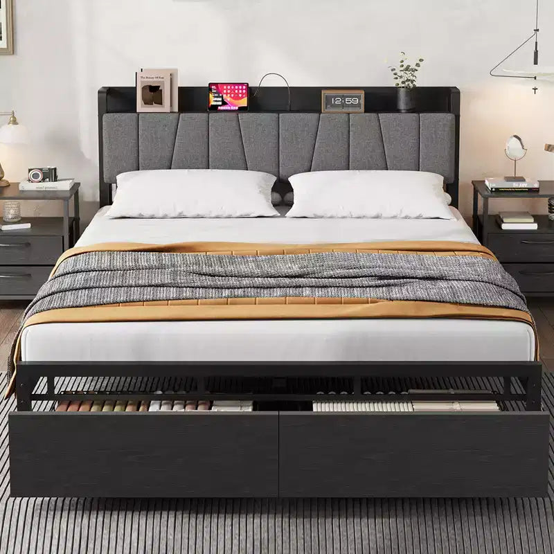 Whizmax Queen Size Bed Frame with Upholstered Headboard, Industrial Queen Platform Bed with 2 Storage Drawer and Charging Station No Box Spring Needed