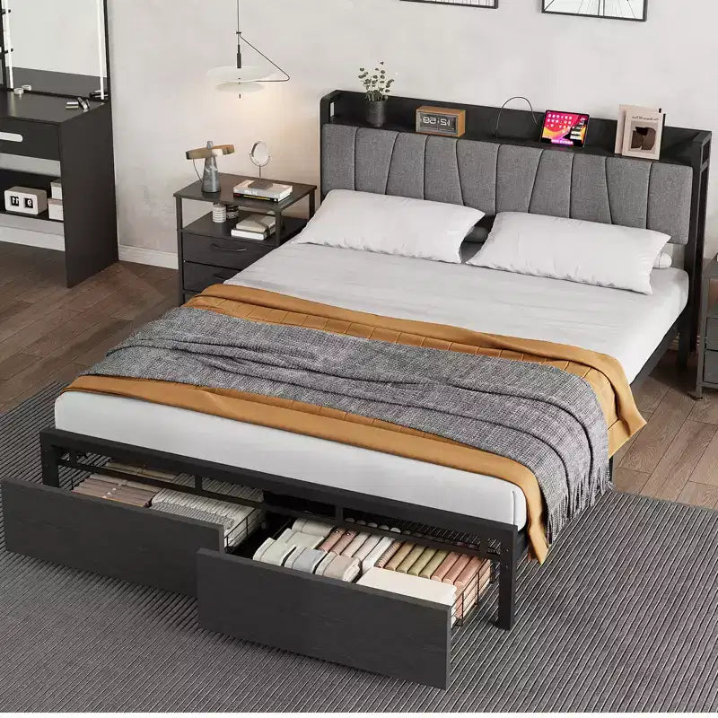 Cadre de lit plateforme Queen avec tête de lit capitonnée, 2 tiroirs de rangement et station de recharge – Aucun sommier tapissier requis