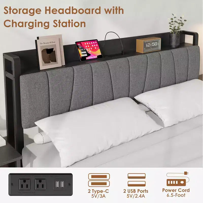 Cadre de lit plateforme Queen avec tête de lit capitonnée, 2 tiroirs de rangement et station de recharge – Aucun sommier tapissier requis