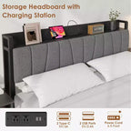 Cadre de lit plateforme Queen avec tête de lit capitonnée, 2 tiroirs de rangement et station de recharge – Aucun sommier tapissier requis