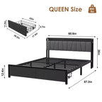 Cadre de lit plateforme Queen avec tête de lit capitonnée, 2 tiroirs de rangement et station de recharge – Aucun sommier tapissier requis