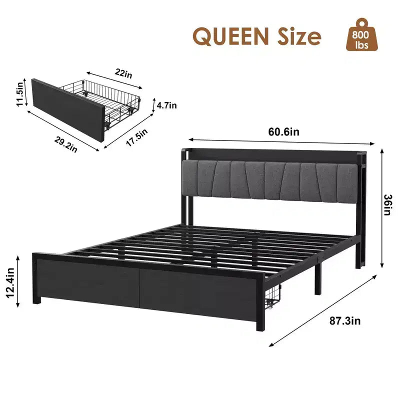 Cadre de lit plateforme Queen avec tête de lit capitonnée, 2 tiroirs de rangement et station de recharge – Aucun sommier tapissier requis