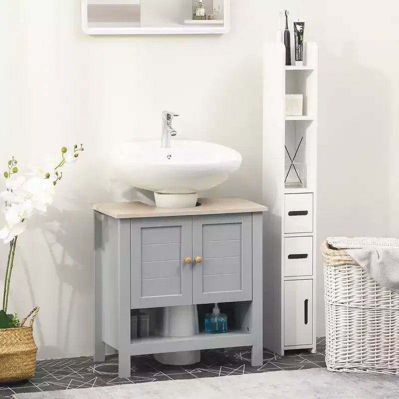 Meuble sous-lavabo pour lavabo sur pied – Rangement peu encombrant avec étagère réglable, gris