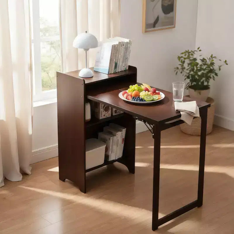 NAYSAYE Bamboo Folding Desk Space Saving Computer Table End Table with Hidden Storage Built In Socket for Home Office Bedroom, Walnut, 39*19*29.5