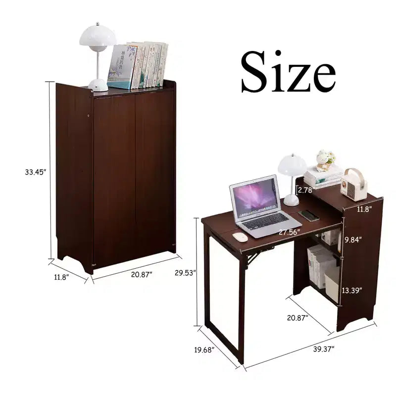 Bureau pliable en bambou avec rangement dissimulé et prise intégrée – Noyer, 99 cm x 48 cm x 75 cm