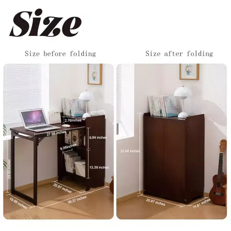 Bureau pliable en bambou avec rangement dissimulé et prise intégrée – Noyer, 99 cm x 48 cm x 75 cm