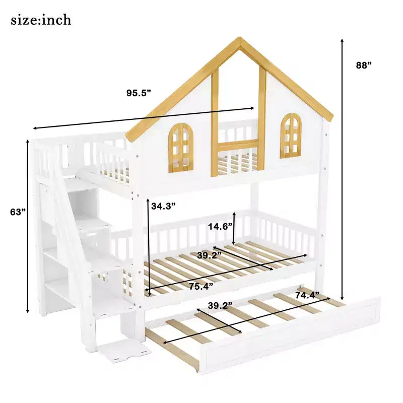 Lit superposé jumeau/double Kids House – Lit mezzanine avec lit gigogne, tiroirs de rangement et escalier