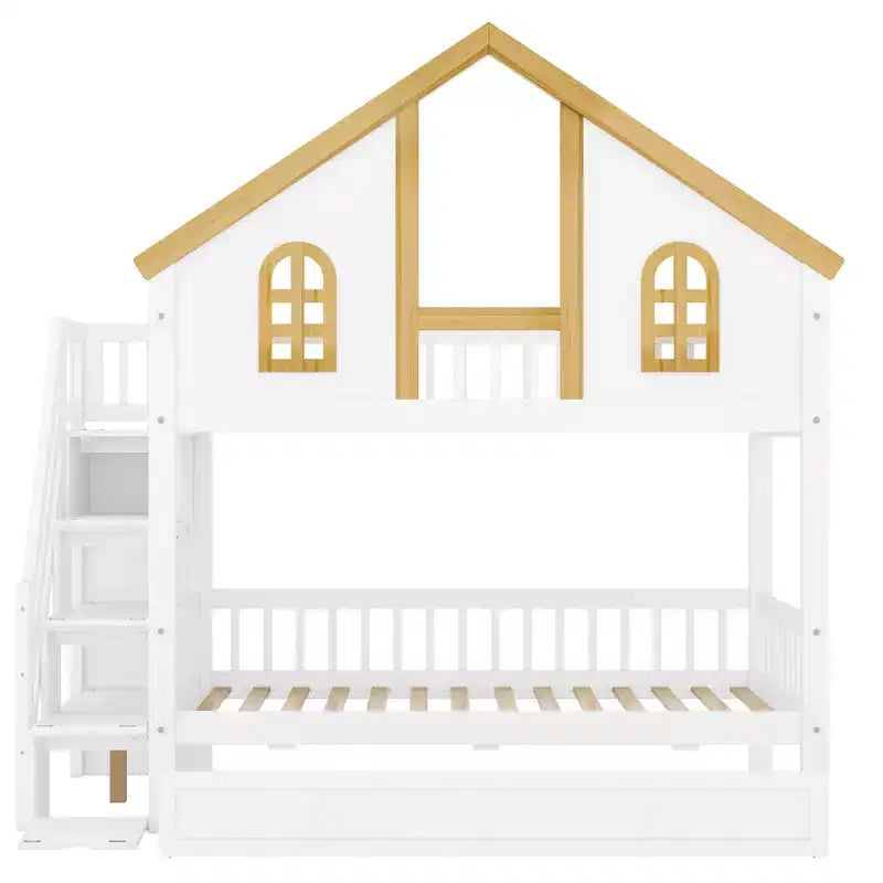 Lit superposé jumeau/double Kids House – Lit mezzanine avec lit gigogne, tiroirs de rangement et escalier