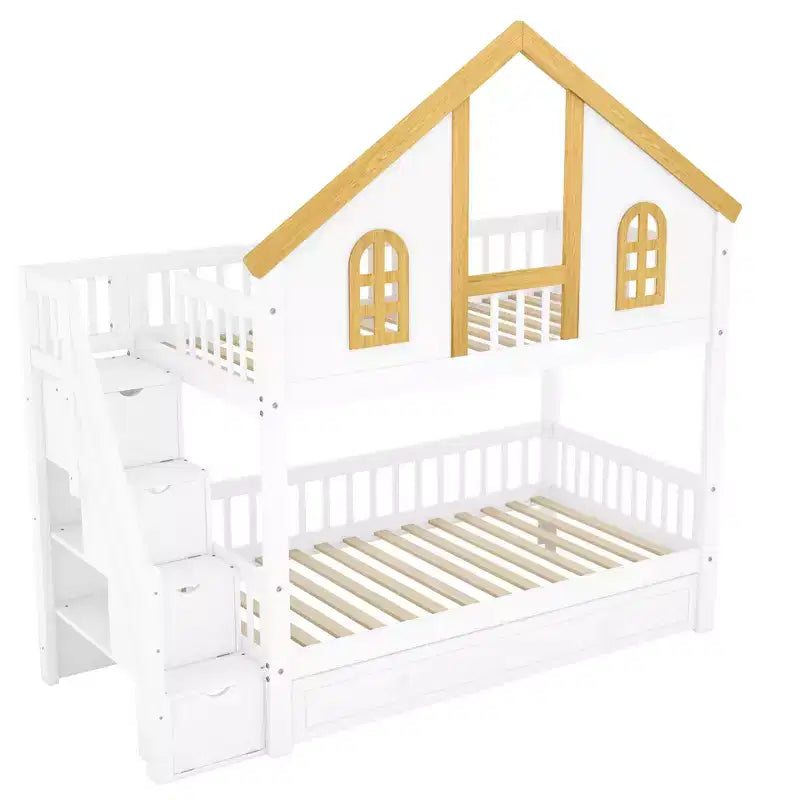 Lit superposé jumeau/double Kids House – Lit mezzanine avec lit gigogne, tiroirs de rangement et escalier