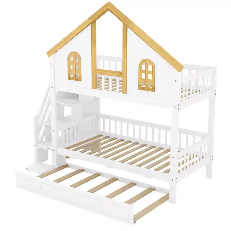 Lit superposé jumeau/double Kids House – Lit mezzanine avec lit gigogne, tiroirs de rangement et escalier