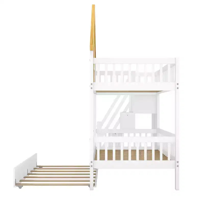 Lit superposé jumeau/double Kids House – Lit mezzanine avec lit gigogne, tiroirs de rangement et escalier