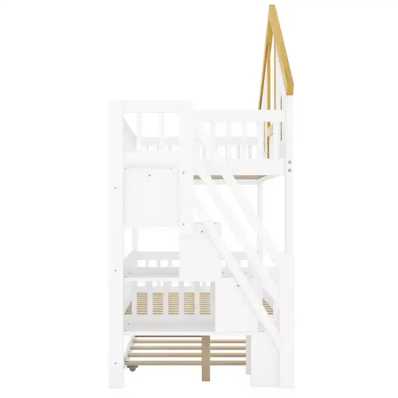 Lit superposé jumeau/double Kids House – Lit mezzanine avec lit gigogne, tiroirs de rangement et escalier