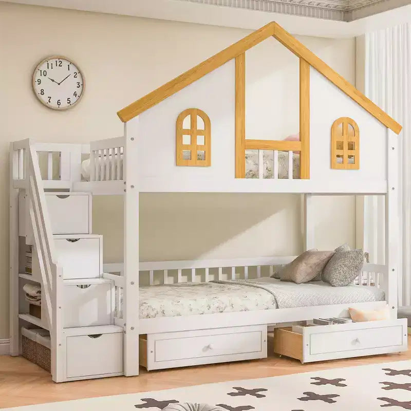Lit superposé jumeau/double Kids House – Lit mezzanine avec lit gigogne, tiroirs de rangement et escalier