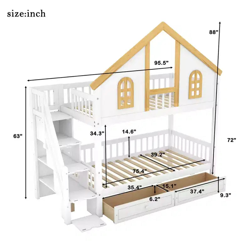 Lit superposé jumeau/double Kids House – Lit mezzanine avec lit gigogne, tiroirs de rangement et escalier