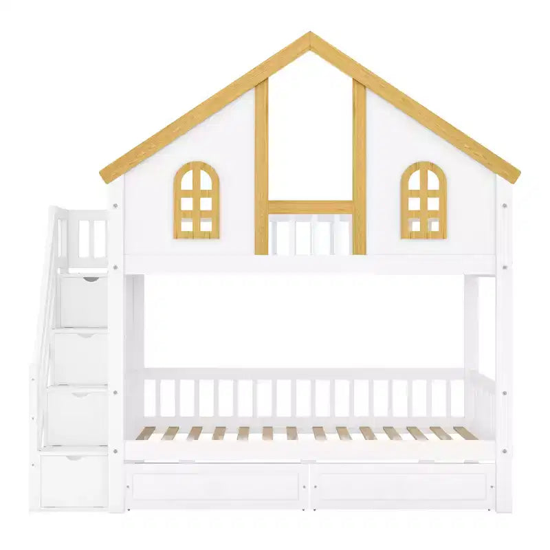 Lit superposé jumeau/double Kids House – Lit mezzanine avec lit gigogne, tiroirs de rangement et escalier