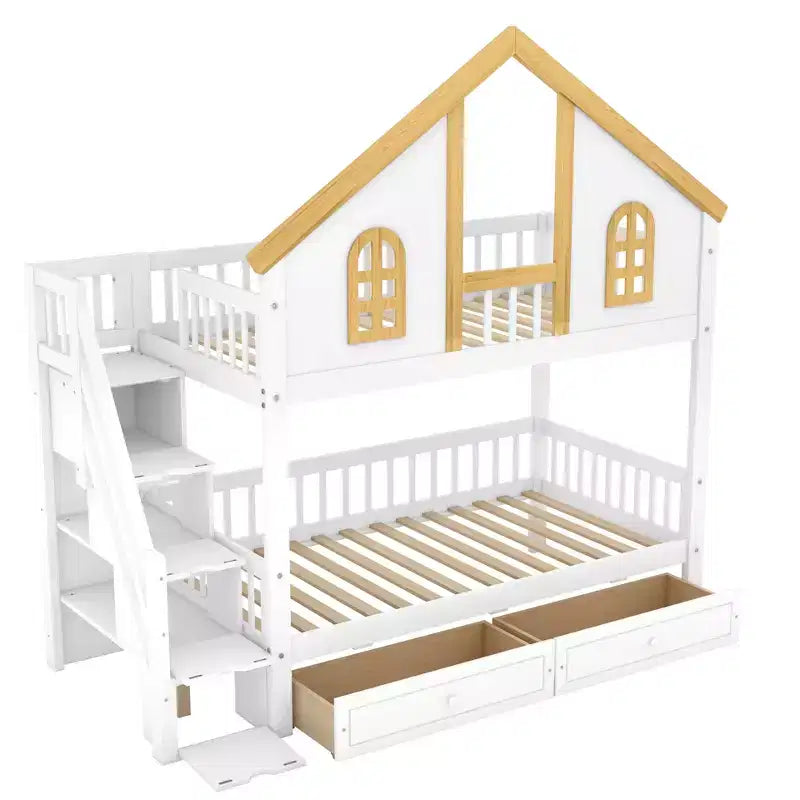 Lit superposé jumeau/double Kids House – Lit mezzanine avec lit gigogne, tiroirs de rangement et escalier