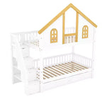 Lit superposé jumeau/double Kids House – Lit mezzanine avec lit gigogne, tiroirs de rangement et escalier