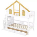 Lit superposé jumeau/double Kids House – Lit mezzanine avec lit gigogne, tiroirs de rangement et escalier
