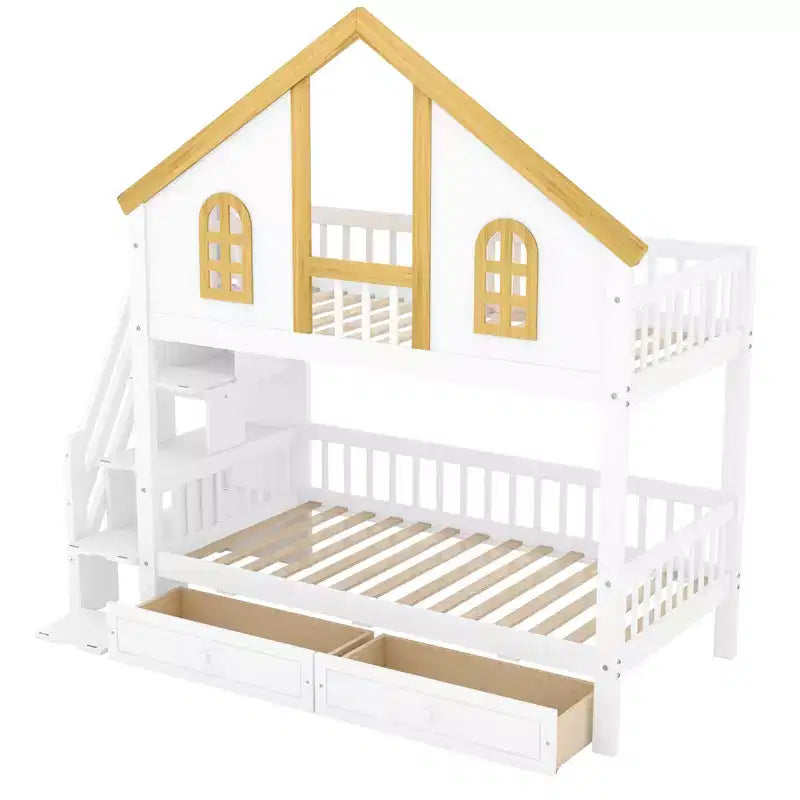 Lit superposé jumeau/double Kids House – Lit mezzanine avec lit gigogne, tiroirs de rangement et escalier