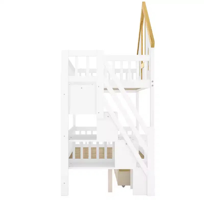 Lit superposé jumeau/double Kids House – Lit mezzanine avec lit gigogne, tiroirs de rangement et escalier