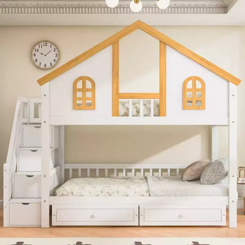 Twin/Full Size Bunk Bed Playful Loft Bed Kids House Bed with Trundle/Storage Drawers & Staircase, Whimsical Window Door & Roof Design - ModernLuxe