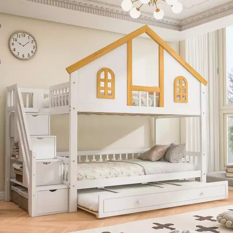 Lit superposé jumeau/double Kids House – Lit mezzanine avec lit gigogne, tiroirs de rangement et escalier