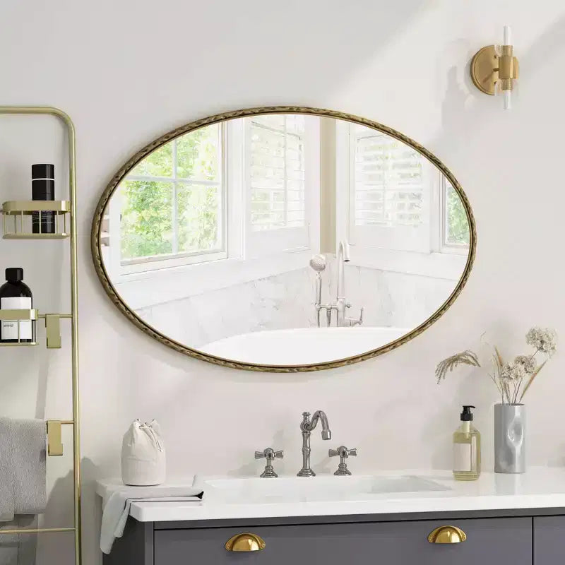 Miroir Mural Ovale Rétro – Cadre en Fer Doré Antique, 99x66 cm, Chambre et Salon