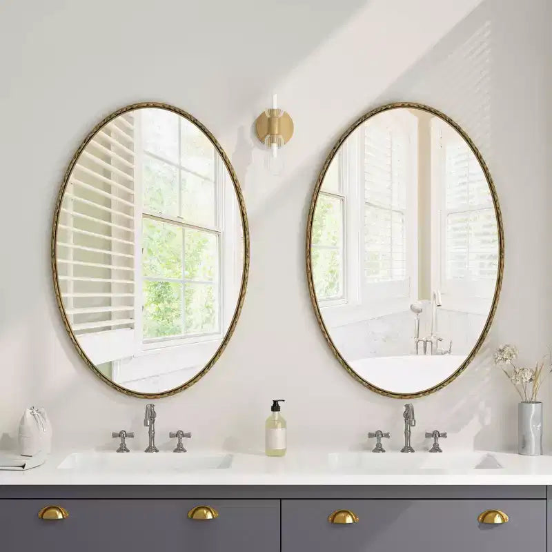 Miroir Mural Ovale Rétro – Cadre en Fer Doré Antique, 99x66 cm, Chambre et Salon