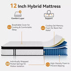 Matelas hybride en boîte 12 pouces – Mousse à mémoire de forme et ressorts ensachés, semi-ferme, blanc