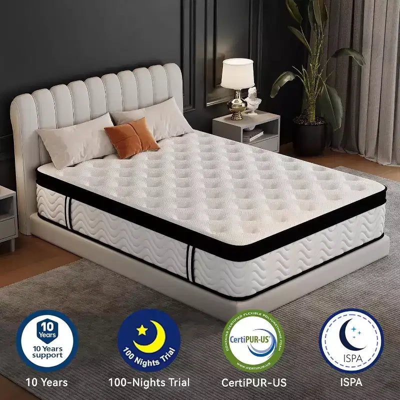 Matelas hybride en boîte 12 pouces – Mousse à mémoire de forme et ressorts ensachés, semi-ferme, blanc