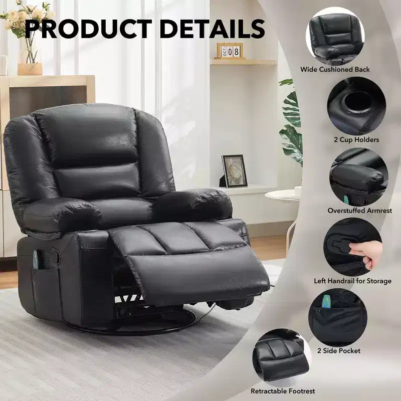 Fauteuil inclinable à bascule avec massage et chauffage – Pivotant à 306°, extra large, en chenille ou PU