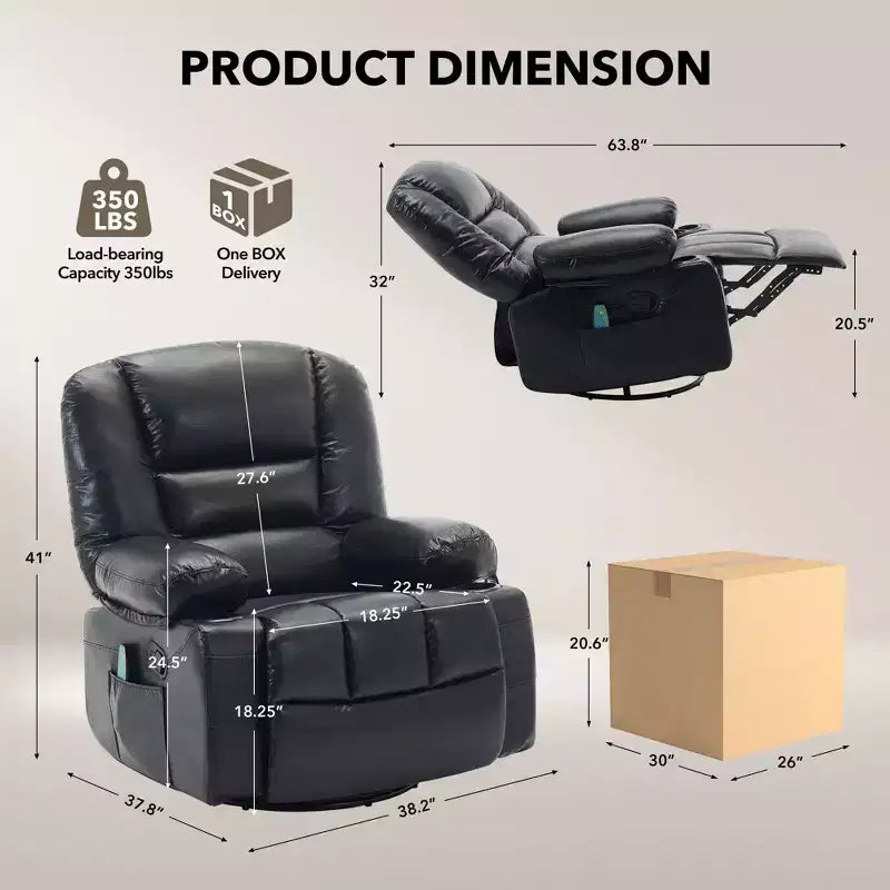 Fauteuil inclinable à bascule avec massage et chauffage – Pivotant à 306°, extra large, en chenille ou PU