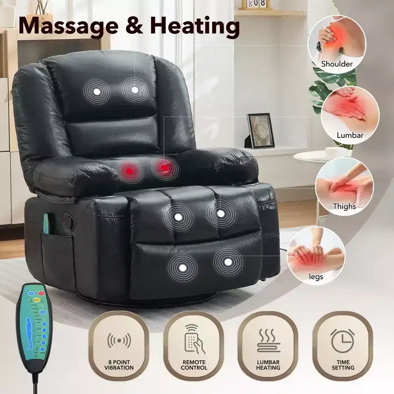 Fauteuil inclinable à bascule avec massage et chauffage – Pivotant à 306°, extra large, en chenille ou PU