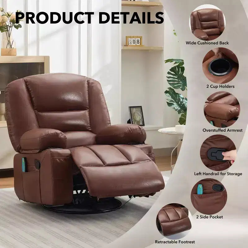 Fauteuil inclinable à bascule avec massage et chauffage – Pivotant à 306°, extra large, en chenille ou PU