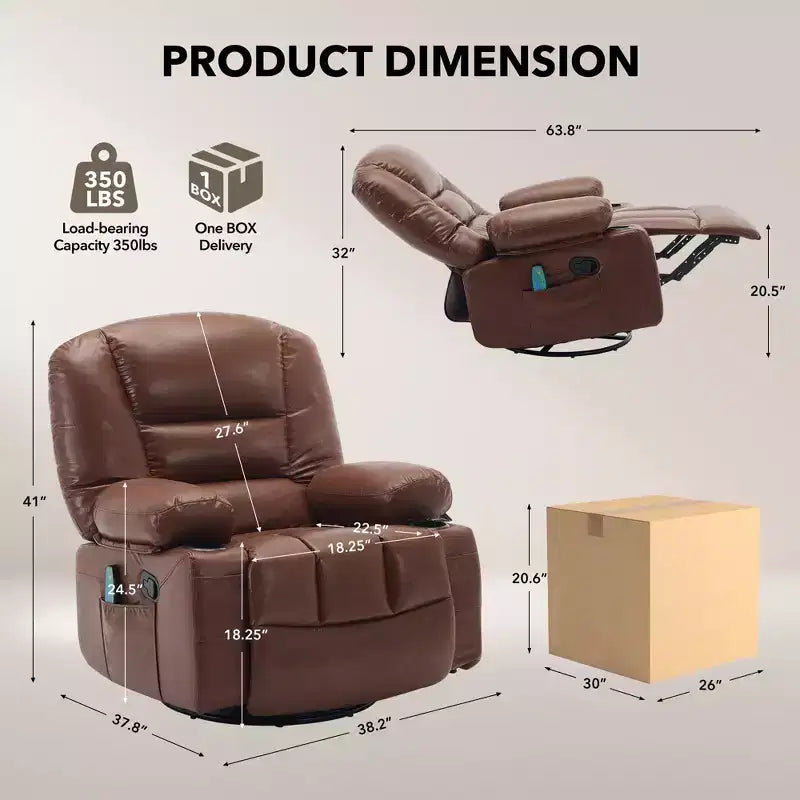 Fauteuil inclinable à bascule avec massage et chauffage – Pivotant à 306°, extra large, en chenille ou PU