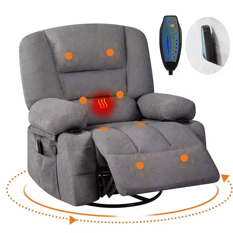 Fauteuil inclinable à bascule avec massage et chauffage – Pivotant à 306°, extra large, en chenille ou PU