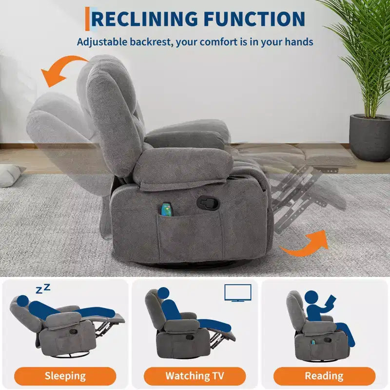 Fauteuil inclinable à bascule avec massage et chauffage – Pivotant à 306°, extra large, en chenille ou PU