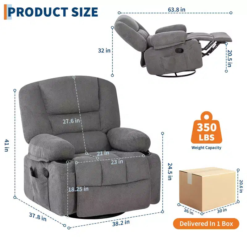 Fauteuil inclinable à bascule avec massage et chauffage – Pivotant à 306°, extra large, en chenille ou PU