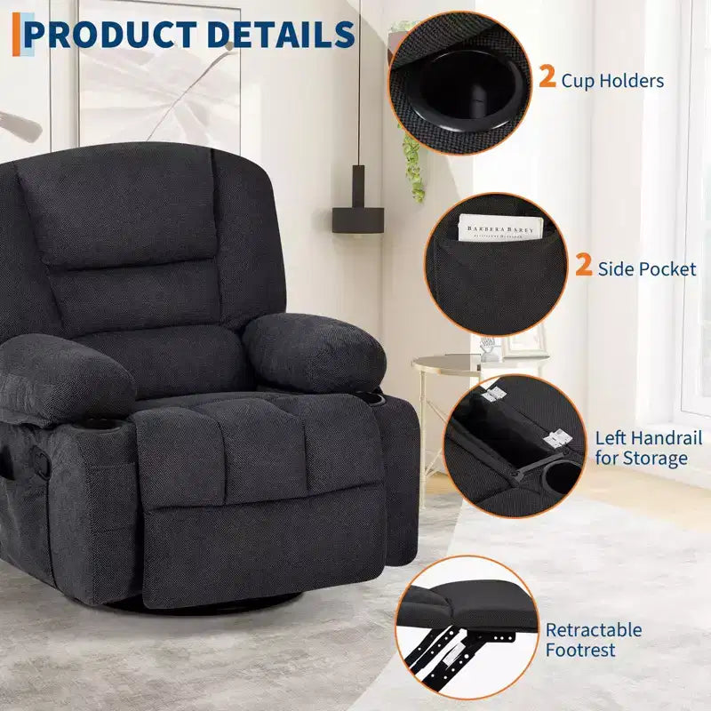 Fauteuil inclinable à bascule avec massage et chauffage – Pivotant à 306°, extra large, en chenille ou PU