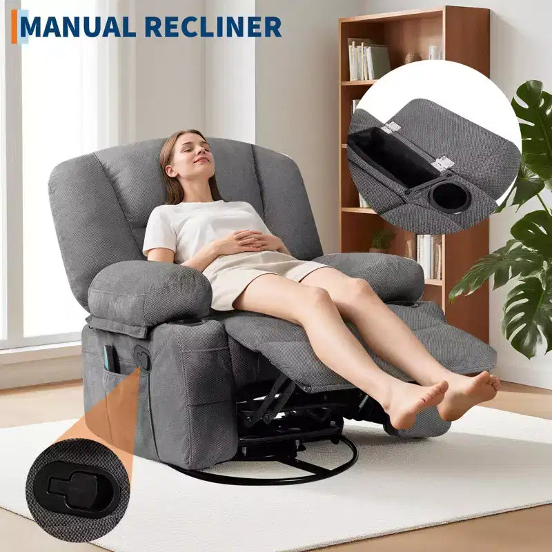 Fauteuil inclinable à bascule avec massage et chauffage – Pivotant à 306°, extra large, en chenille ou PU
