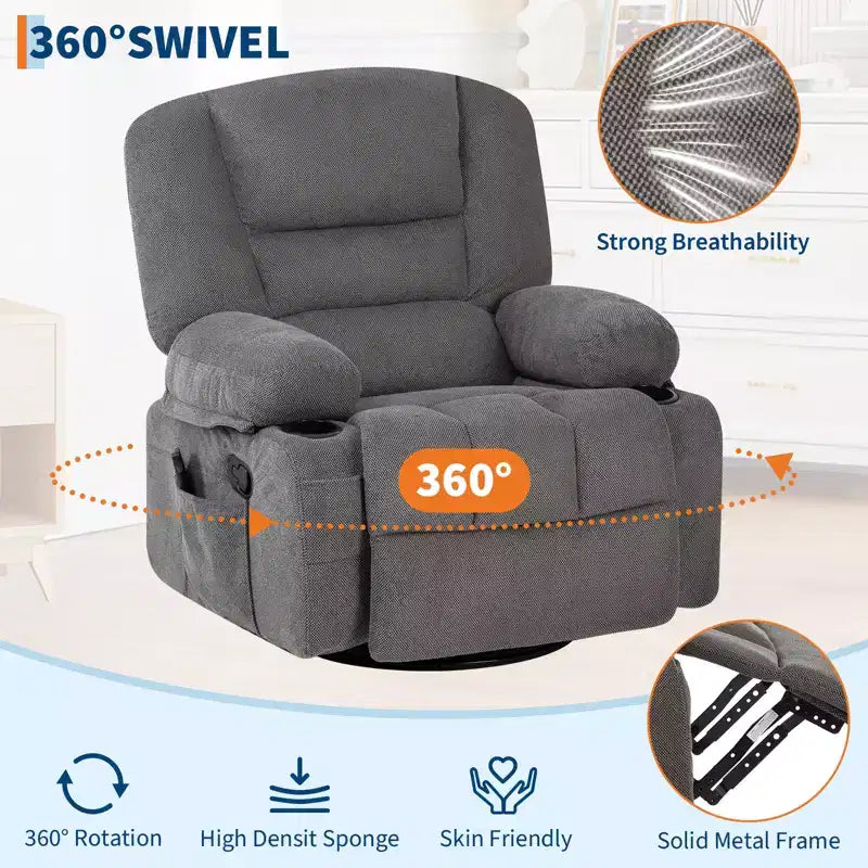 Fauteuil inclinable à bascule avec massage et chauffage – Pivotant à 306°, extra large, en chenille ou PU