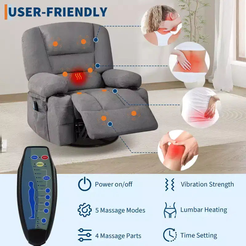 Fauteuil inclinable à bascule avec massage et chauffage – Pivotant à 306°, extra large, en chenille ou PU