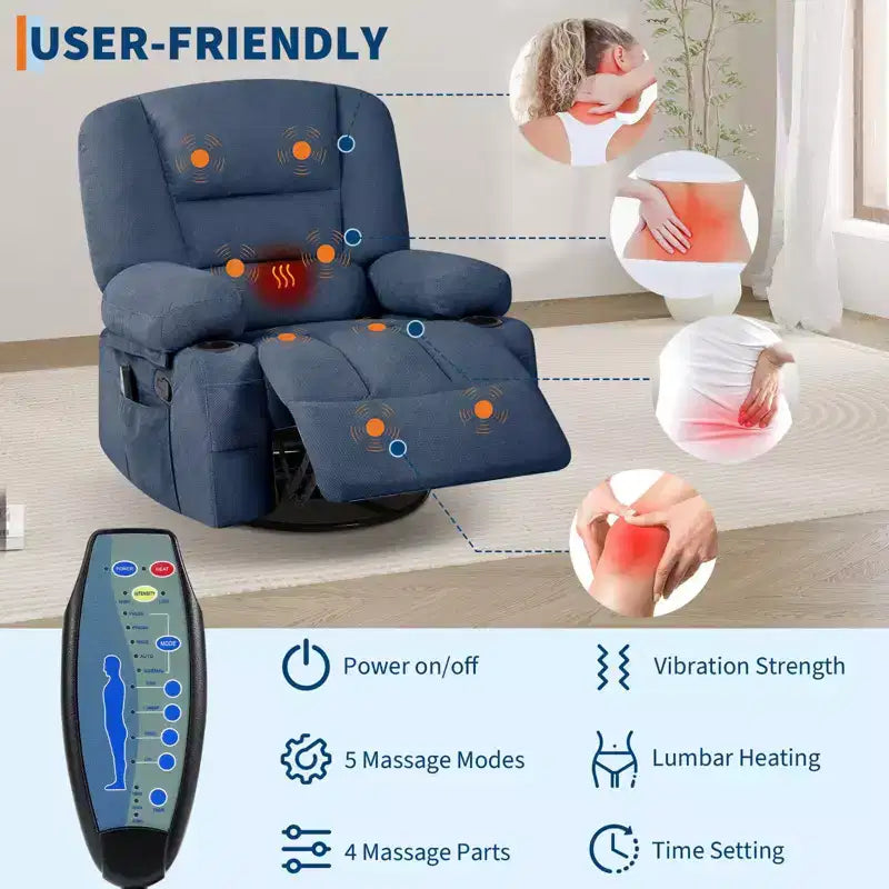 Fauteuil inclinable à bascule avec massage et chauffage – Pivotant à 306°, extra large, en chenille ou PU