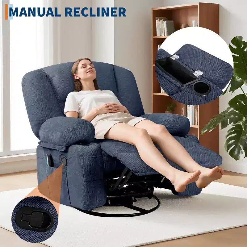 Fauteuil inclinable à bascule avec massage et chauffage – Pivotant à 306°, extra large, en chenille ou PU