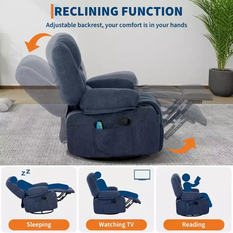 Fauteuil inclinable à bascule avec massage et chauffage – Pivotant à 306°, extra large, en chenille ou PU