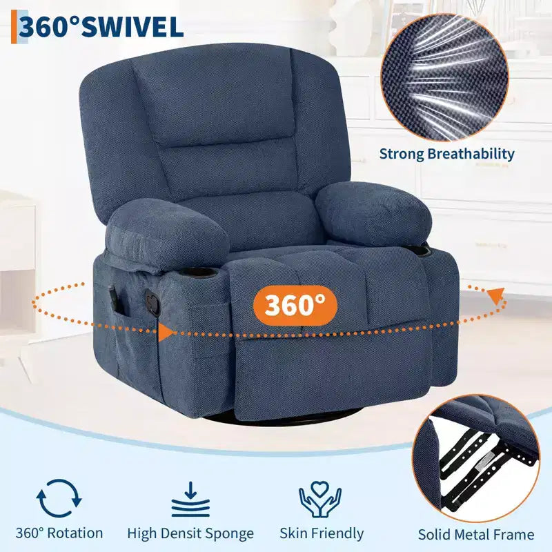 Fauteuil inclinable à bascule avec massage et chauffage – Pivotant à 306°, extra large, en chenille ou PU